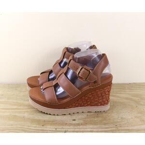 New Ugg Sandals 9 Brown Leather Abbot Strap Platform Espadrilles Wedge Shoes 4"